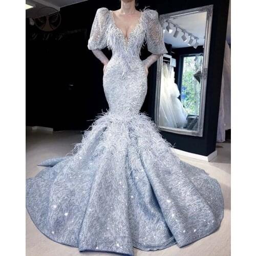 Sexy Vestidos De Fiesta Silver Bling Bling Long Sleeve Beaded Glitter Fabric Feather Mermaid Evening Dresses