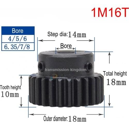 1Pcs 45# Steel 1Modulus 16 Teeth Spur Gear D Bore Metal Motor Convex Gear Rack Transmission
