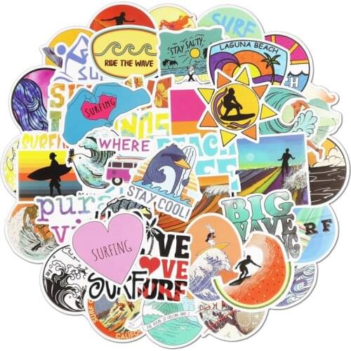 50 PCS Summer Surfing Sticker Beach Travel Graffiti Surf Stickers DIY for Surfboard Laptop Luggage Bicycle Tablet Water Bottle