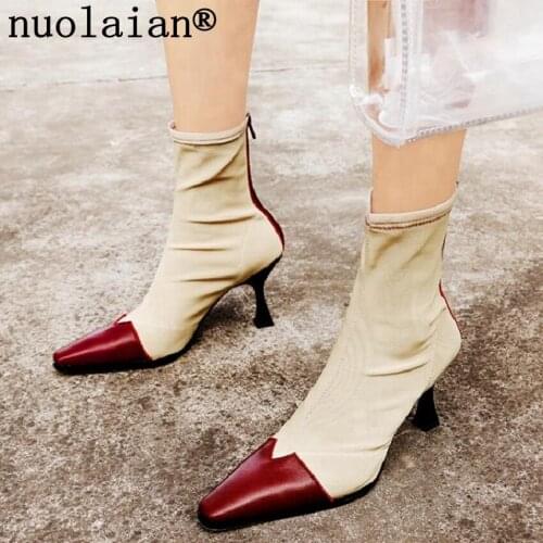 8CM Scok Boots Woman Punk Motorcycle Ankle Boots Lady High Heels Boot Stretch Fabric Winter Shoes Womens High Heel Shoe