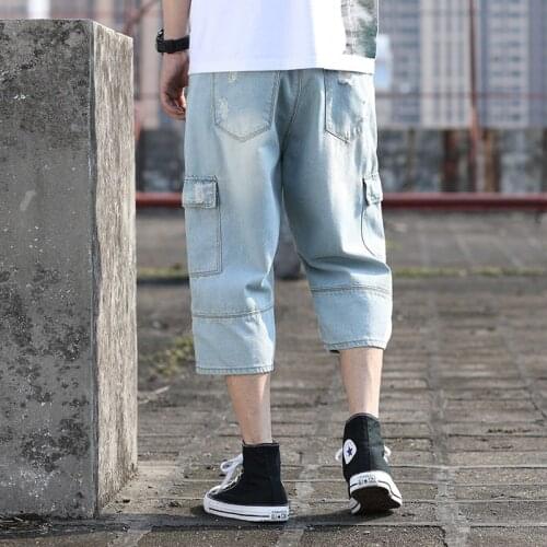 Summer Japan Style Washed Denim Calf Length Pants Men High Street Loose Plus Size 42 Hole Ripped Multi Pockets Jeans Harem Pants