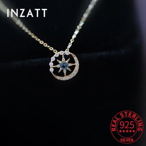 INZATT Real 925 Sterling Silver Zircon Moon Star Choker 14K Gold Necklace For Fashion Women Bohemian Fine Jewelry Drop Shipping