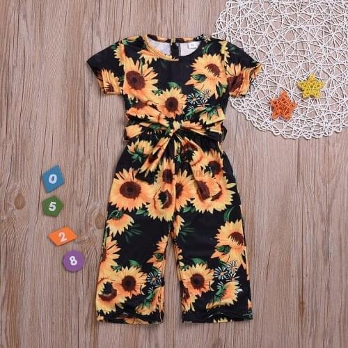 DHL 100pcs Baby Girls Floral Romper Boho Sunflower Sashes Jumpsuit Sunsuit Summer Beauty Holiday Outfits Clothes 1-6T