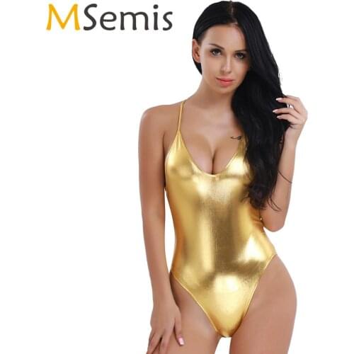 Women Sexy Spaghetti Straps Deep V Neck Thong Bodysuit Club Pole Dance Monokini Bodycon Leotard Femme One Piece Leather Lingerie