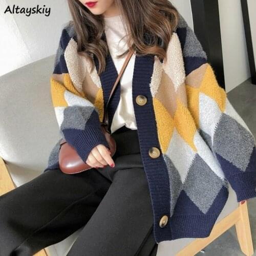 Argyle Knitted Cardigans Women Thick Warm Cozy Sweater Oversize Fashion Retro Outerwear Female Elegant Modern Korean Chic Casual