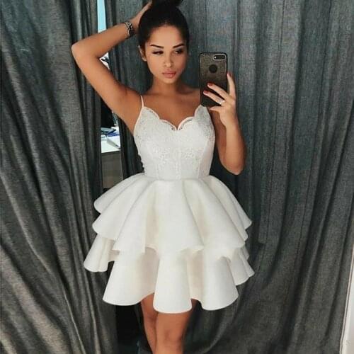 Short Little White Homecoming Dresses 2020 Spaghetti Straps Ball Gown Layers Lace Cocktail Dress Mini Prom Gowns For Graduation