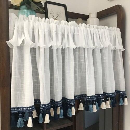 American Coffee Tassel Short Curtains Fabric Half Tulle Curtain Lace Garden Small Floating for Window Kitchen Curtain QT033-30