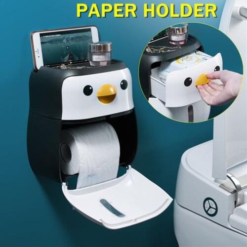 Creative Penguin Wall-mounted Bathroom Toilet Roll Paper Holder Phone Tissue Drawer Storage Box
