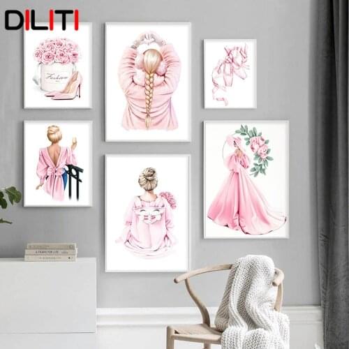 Fashion Girl High Heels Canvas Painting Posters and Prints Nordic Pink Flower Dance Shoes Wall Art Pictures for Living Room