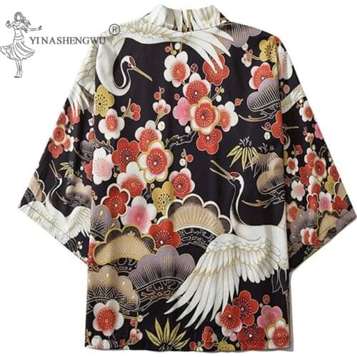 Japanese Style Men Kimonos Crane Suit Samurai Clothing Traditional Japan Blouse Yukata Haori Traditional Asian Cardigan Costume