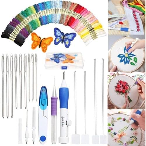 Cross Stitch Set Butterfly Magic Embroidery Pen Needle Punch Embroidery Set of Pen Tooling Crafts 50 Colors of Yarn