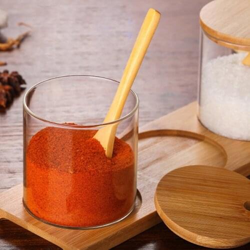Kitchen Utensils Seasoning Jar Glass Seasoning Bottle With Wooden Spoon Condiment Pots Antifouling Bamboo Base Serveware Box Set