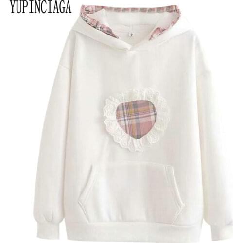YUPINCIAGA Girls fresh and sweet lace hooded plus velvet warm Women Hoodies Lovely Pullover Sweatshirt Outerwear Hoodie