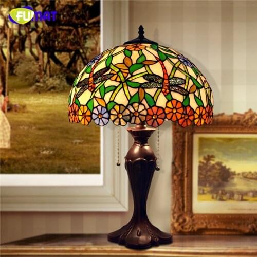 FUMAT Tiffany Pastroal Dragonfly & Flowers Shade Table Lamp Home decor Stained glass Table Lights for Living Room LED Table Lamp