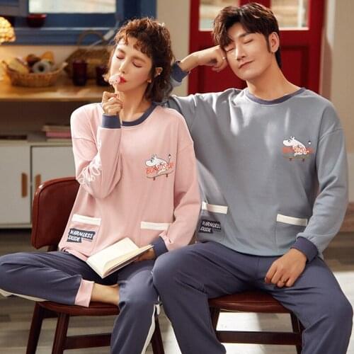 100% Cotton Long-Sleeved Couple Pajamas Nightie Spring Autumn Men And Women Korean Version Sweet Cute Thin Home Service Pijamas