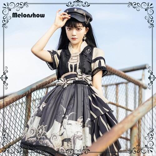 Melonshow Gothic Lolita Dress Black Japanes Style Kawaii Sweet Jsk Victorian Party Dress Cute Bow Gothic Girls Puff Sleeves
