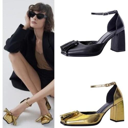 Drop Shipping Black Gold Leather Square Toe One Line Buckle Strap Pumps Women 8 cm Chunky Heels Fringe Shallow Mary Jane Shoes