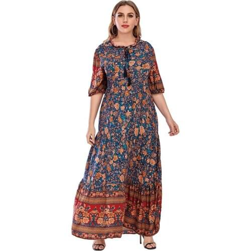 Plus Size 4XL Kaftan Women Maxi Dress Bohemian Ethnic Floral Print Long Party Dresses Muslim Abaya Dubai Caftan Turkey Gown Robe