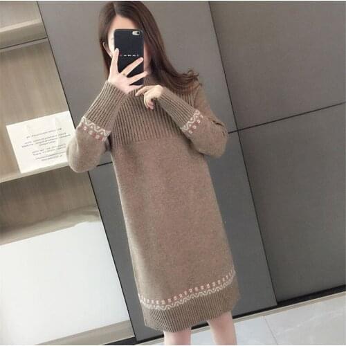 Spring Autumn Cashmere Womens Dress Turtleneck Long Sleeve Pullover Print Loose Thick Fashion Casual Dress