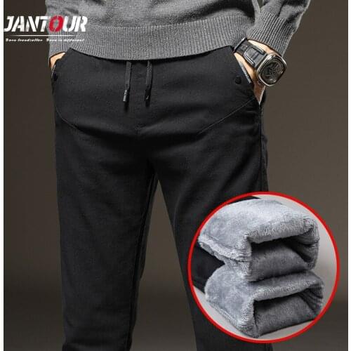 Jantour Winter Fleece Pants Men Fashion Patchwork Pants High Quality Thicken Black Gray Straight Trousers Brand Clothing Size 38