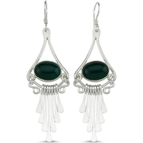 Silverlina Silver Green Agate Gemstone Dangle Hand Handwork Earrings