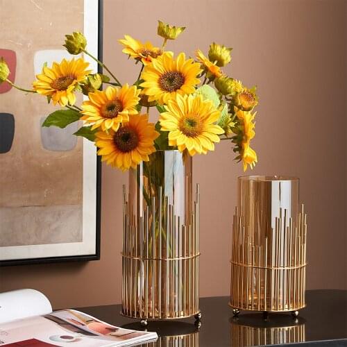 Modern Light Luxury Flower Vase Living Room Coffee Table Home Metal Glass Vases for Interior Decor Study Decoration Wedding Gift