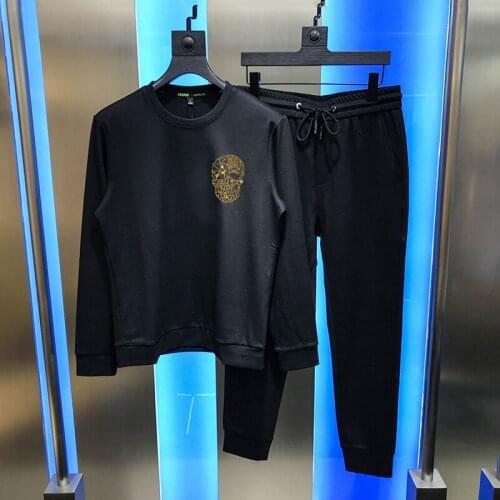Black XL Hot Rhinestone Skull Pattern Plus Velvet Luxury Hoodie Winter Mens Womens Tracksuit Fashion Sets