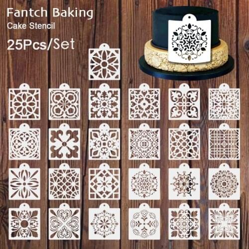 2021new 25Pcs/Set Retro Totem Cake Stencil Template Lace Art Decoration Pad Strew Duster Baking Tool Waterproof Material Soft