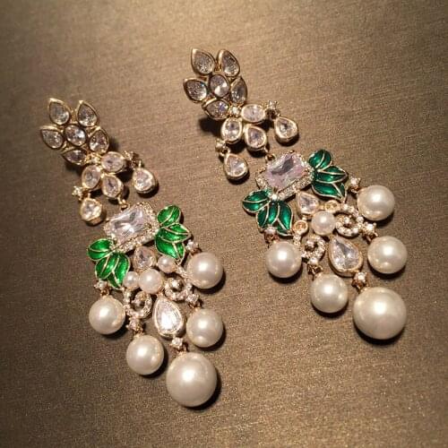 Baroque style pearl earring long style retro court temperament leaves tassel earrings