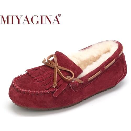 MIYAGINA 100% Genuine Leather Women Flat Shoes New Fashion Natural Fur Women Moccasins Casual Loafers Plus Size Winter shoes