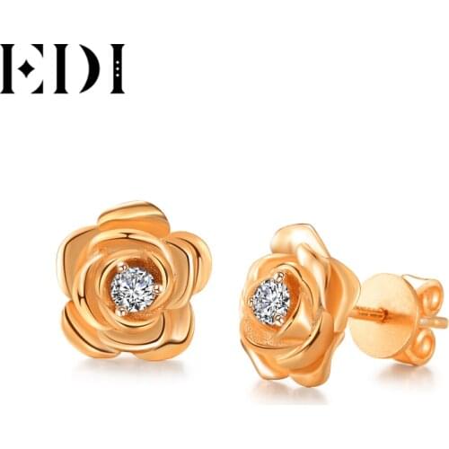 EDI Genuine Moissanites Diamond 14k 585 Rose Gold Stud Earrings Rose Floral Female Wedding Fine Jewelry