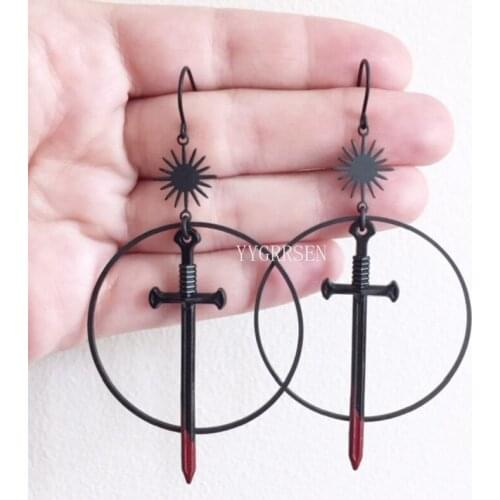 Goth Black Night Warrior Earrings Sun Ring Sword Gothic Classic Eardrop Big Sword Punk Statement Mystical Jewellery Women Gift