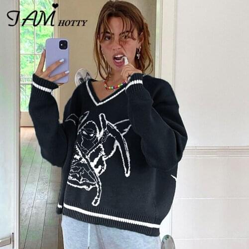 Gothic Knitted Jumper Sweater Women Vintage Harajuku V Neck Pullover Long Sleeve Girls Cute Knitwear Autumn 2020 Iamhotty