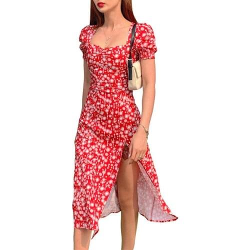 Sexy Women floral Cheongsam Midi Bodycon Dress 2021 summer fashion Short Sleeve Square Collar Split Zipper Skinny Dresses Woman