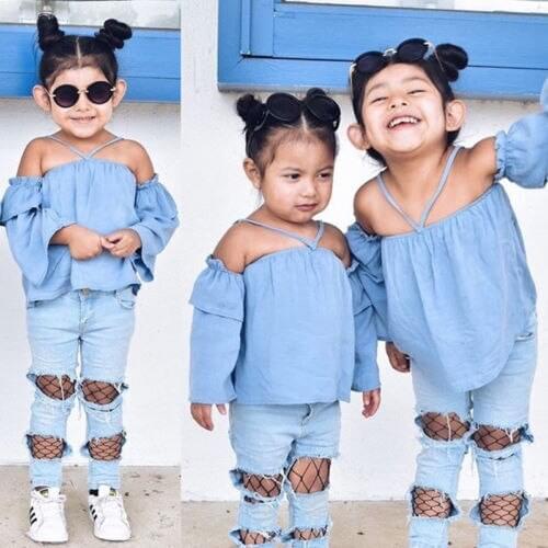 2pcs Fashion Girls Clothing Set 2019 Summer Baby Girls Clothes Strapless Denim Top +Jeans Hole Pant Children Clothing For Ailing