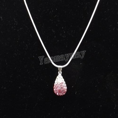 5pcs/Lot Gradient Pink Waterdrop Shape Crystal Pendant Silver Plated Necklace Factory Price