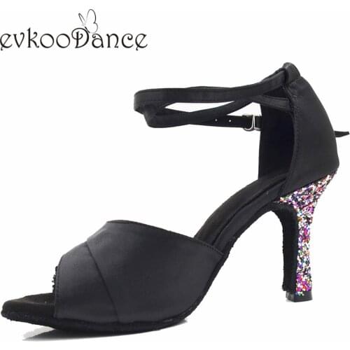 Evkoodance latin dance shoes black with glitter heel height 8.3cm Women Shoes Size US4-12 Professional Evkoo-618