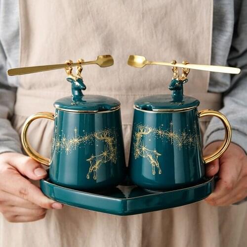 Porcelain Two Deer Cups Ceramic Cup Mugs With Tray Coffee Tea Cup Water Bottle Unique Gift Home Cafe With Spoon