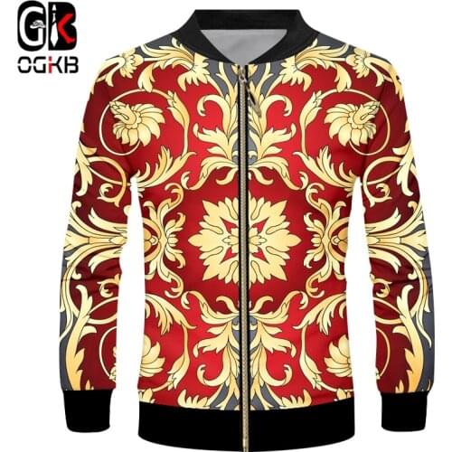 OGKB New Jacket 3D Digital Printing Jacket Men And Women Retro Luxury Royal Floral Golden Flower Top
