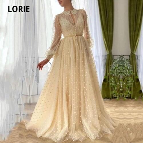 LORIE Elegant Prom Dress Fairy O-Neck Dot Tulle Long Sleeves Floor Length Dresses for Women A-Line Evening Party Gown Celebrity
