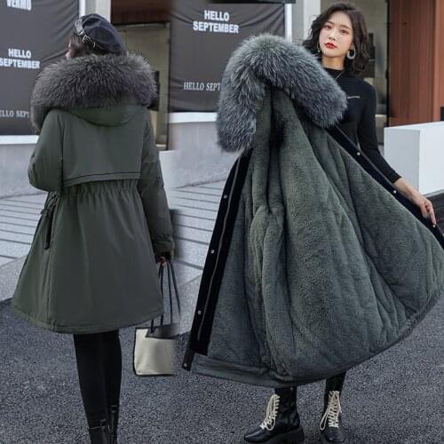 2021 New Fashion Long Winter Coat Women Clothing Wool Liner Hooded Parkas Slim With Fur Collar Warm Winter Jacket Women