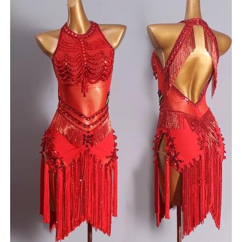 New Latin Dance Dress Female High-End Rhinestone Fringe Dress Red Competition Dress Samba Salsa Rumba Show Stage Costume BL6596