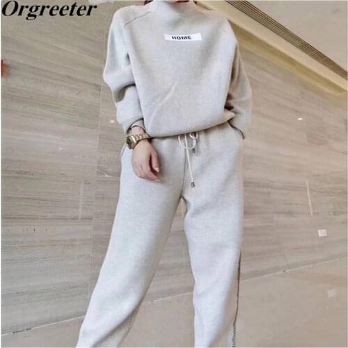 Fall Winter Warm Woolen and Cashmere Sweatshirts Sporting Suit Letter Appliques Sweater +Harem Casual Pants 2 Piece Set Women