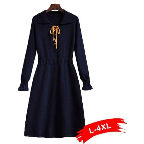 Turn Plus Down Size Collar Lace Up Sweater Dress 5XL Autumn High Waist Long Sleeve A-line Knitted Midi Dresses Vestidos