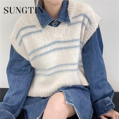 Sungtin Korean Fashion 2021 Spring Women Vintage Striped Cropped Knitted Vest Cozy Mohair Sweater Waistcoat Soft Short Tank Tops