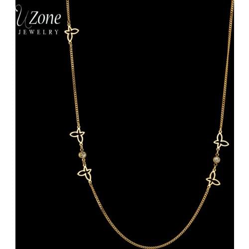 Uzone Trendy Stainless Steel Sliver Gold With Butterflies Diamond Chain Necklaces For Women Couple Girl Jewelry Anniversary Gift