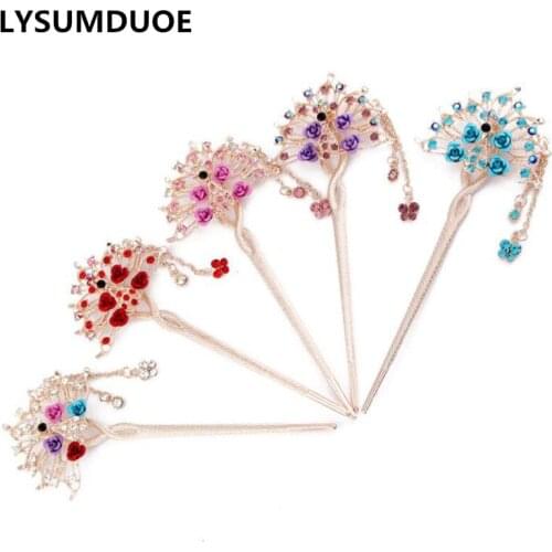 Vintage Women Tassel Hairpin Floral Hair Sticks Chinese Crystal Hairgrip Flower Hairpin Jewelry Stick Gift Girl Hair Accessories