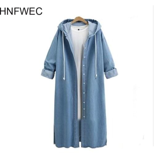 New Spring 2019 Fashion Long Sleeve Hooded Collar Denim Patchwork Single Breasted Casual Long Windbreaker Women W313