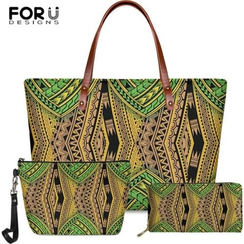FORUDESIGNS Polynesian Traditional Tribal Style Pattern Women Fashion Tote Bags PU Leather Long Purses Travel Portable Handbags