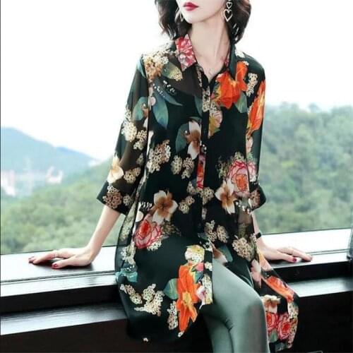 Female Long Chiffon Shirts large size loose Sunscreen Shirts Five-point cuff printing Buttons Tops lapel Asymmetry Women Blouses